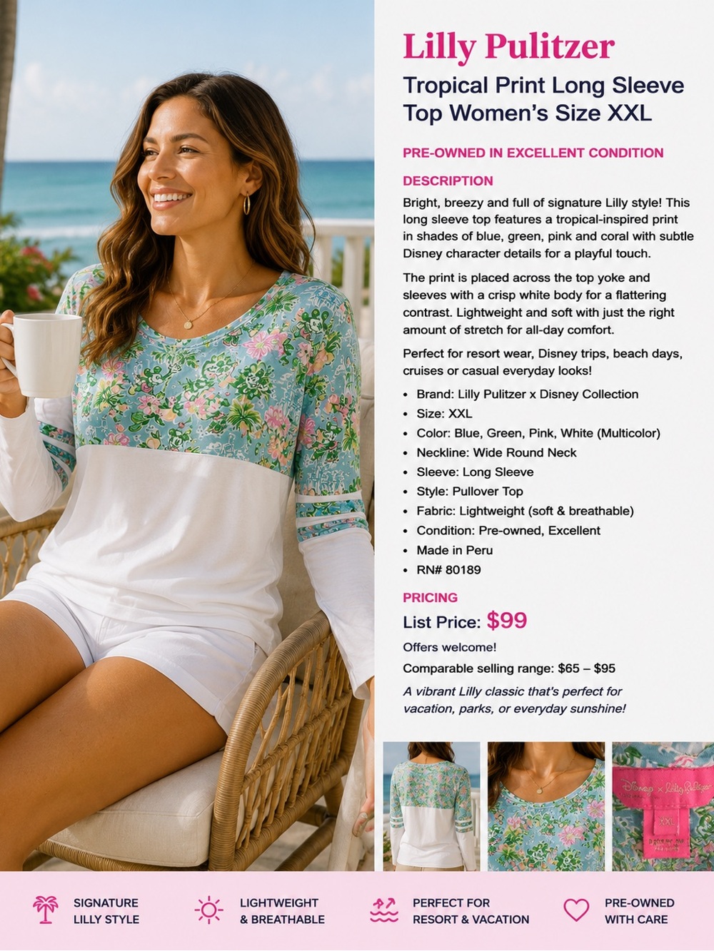 Lilly Pulitzer Women's Floral Pullover Top — Blue Green Pink White